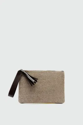 Woven clutch bag with fringe detail in brown