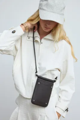 Faux leather phone bag in dark brown