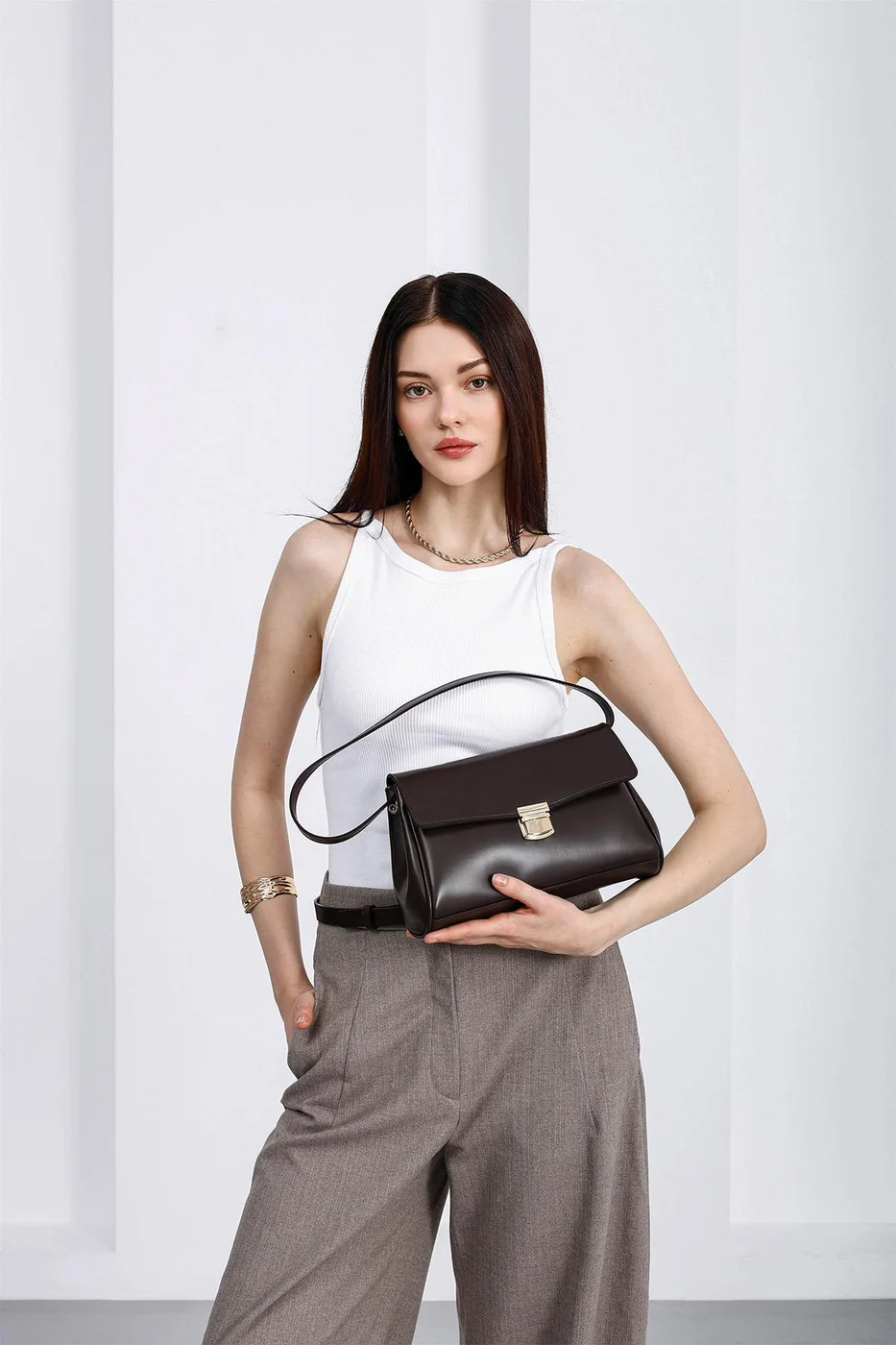 Faux leather baguette bag in brown