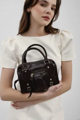 Faux leather crossbody bag in dark brown