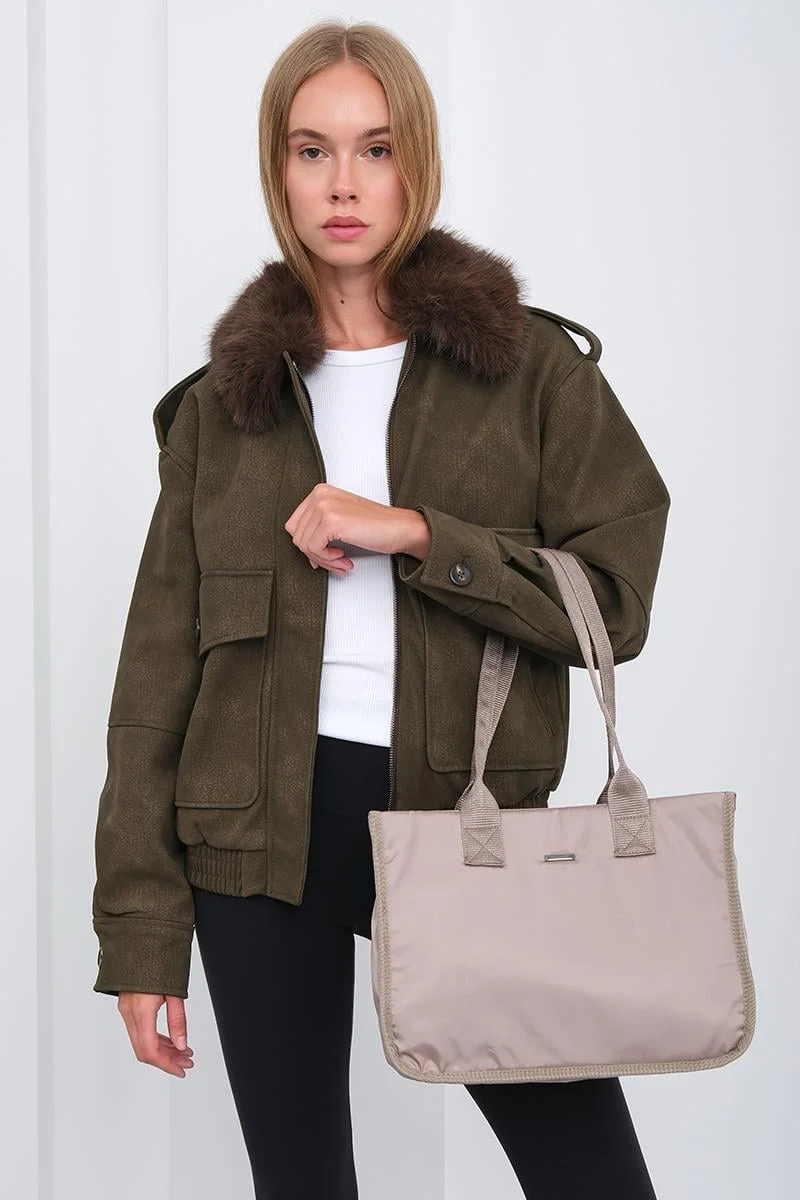 satin shoulder bag in taupe