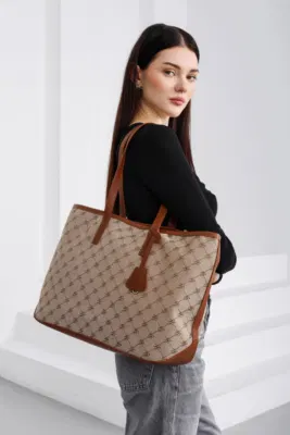 Textile shoulder bag in tan