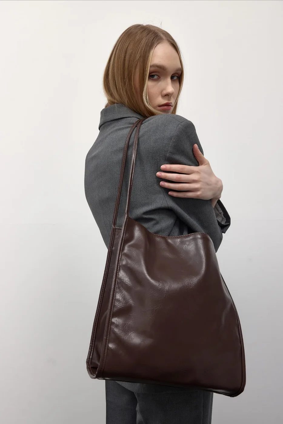 faux leather shoulder bag faux leather shoulder bag in dark brown