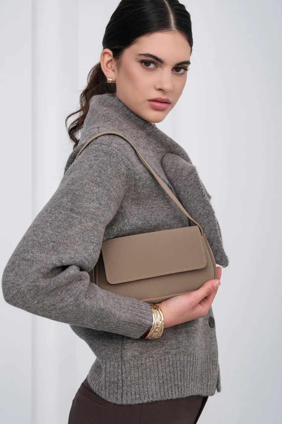 faux suede shoulder bag in taupe