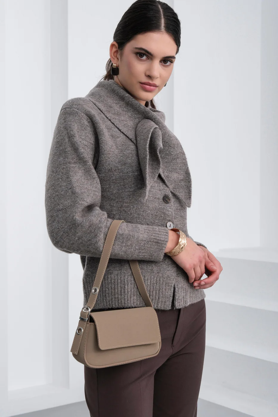 faux suede shoulder bag in taupe