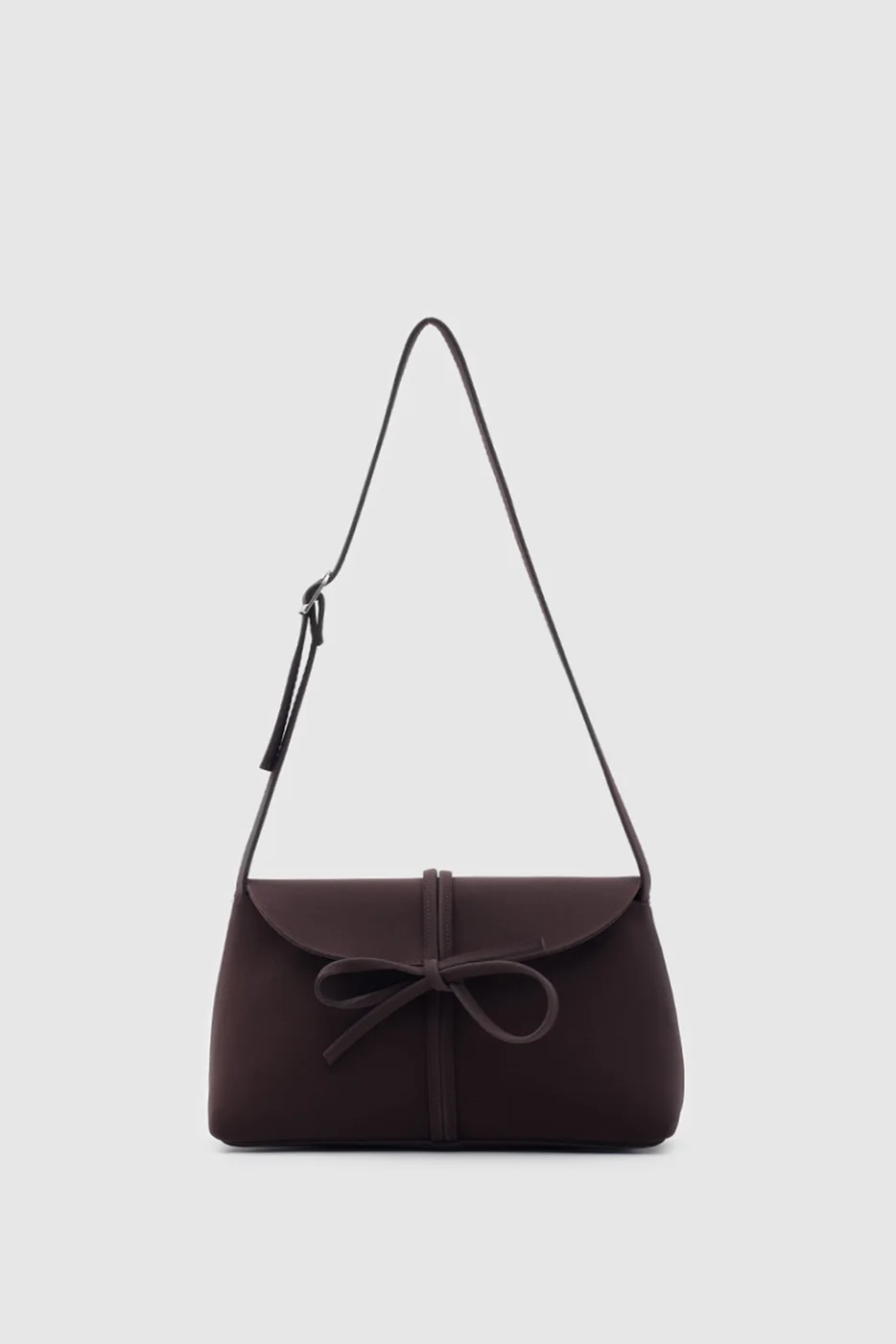 faux suede shoulder bag with bow in dark brown