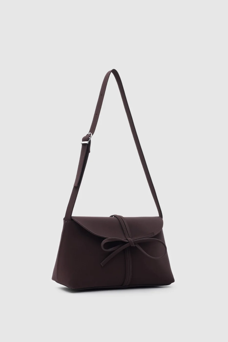 faux suede shoulder bag with bow in dark brown