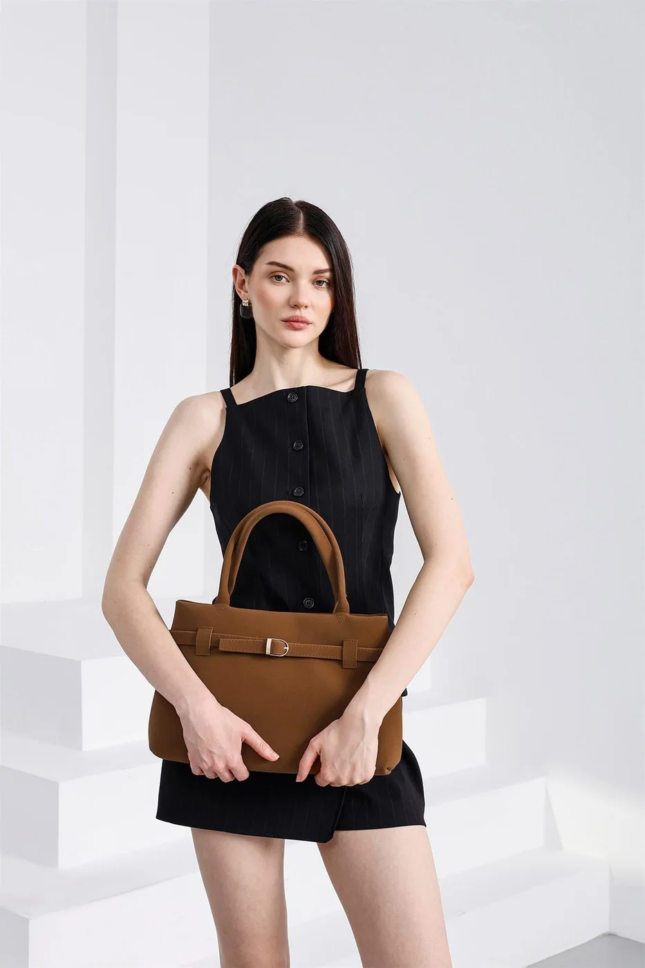 faux suede shoulder bag in tan