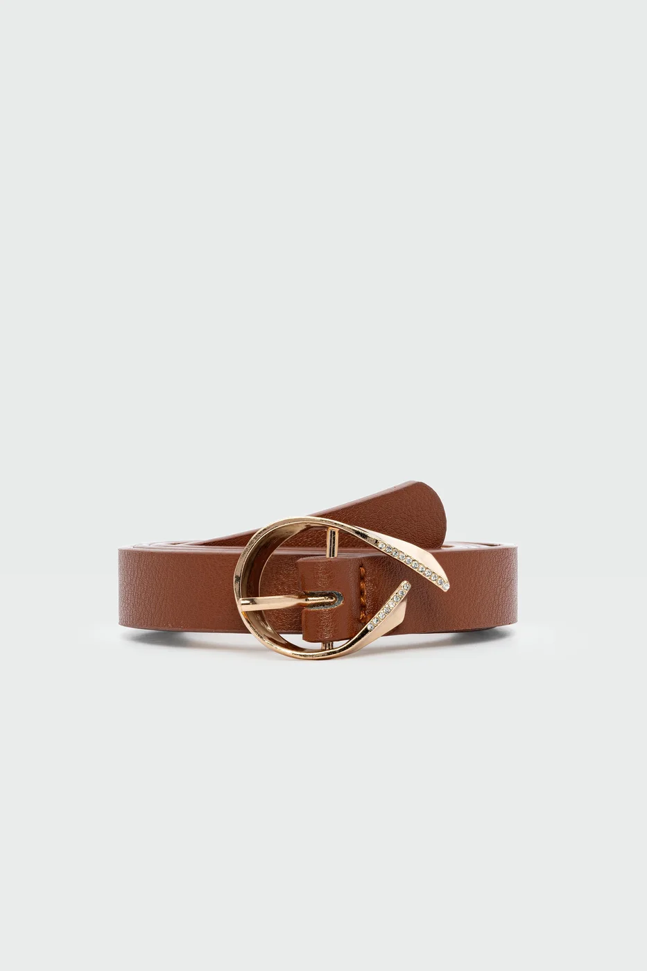 faux leather belt with oval buckle in tan