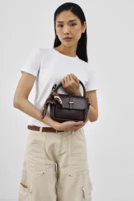 Faux leather crossbody bag with scarf detail in dark brown