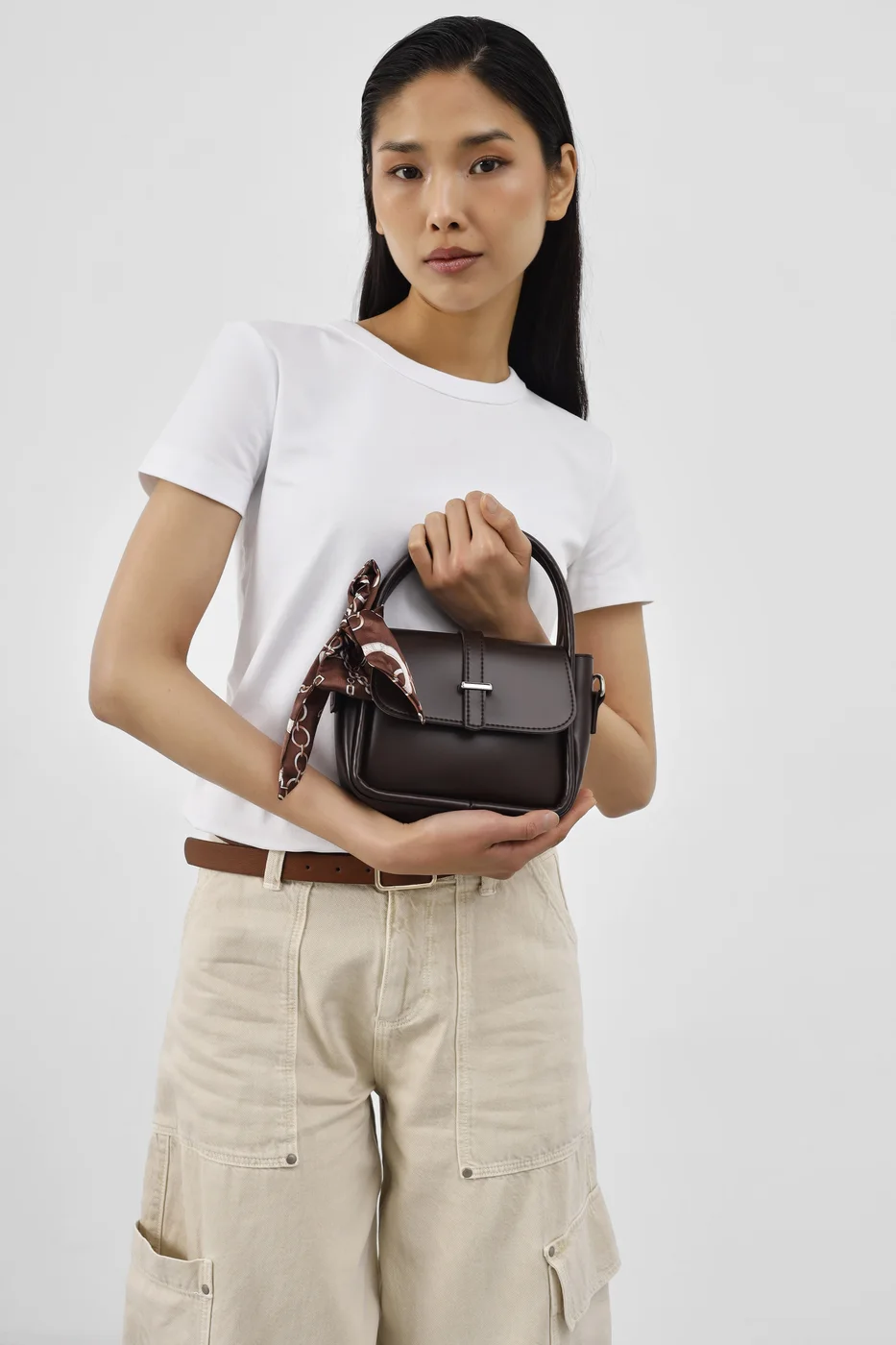 Faux leather crossbody bag with scarf detail in dark brown