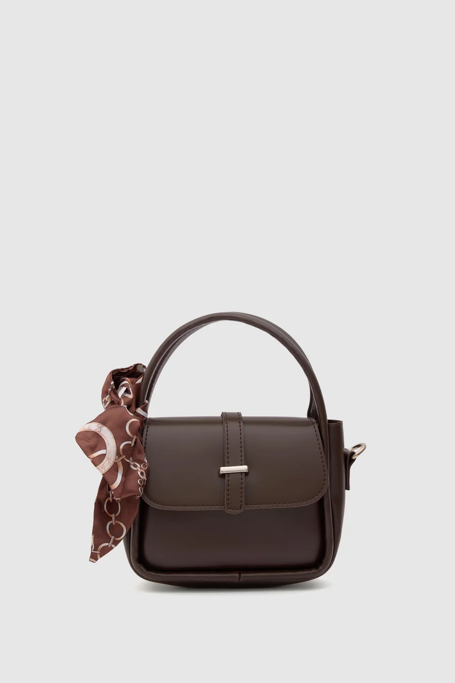 Faux leather crossbody bag with scarf detail in dark brown