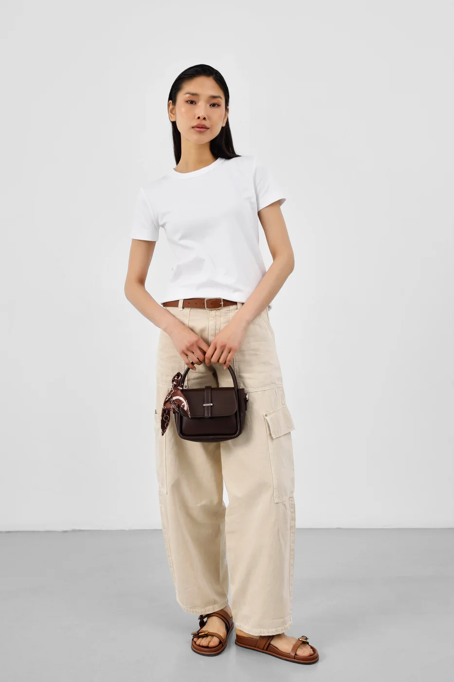 Faux leather crossbody bag with scarf detail in dark brown