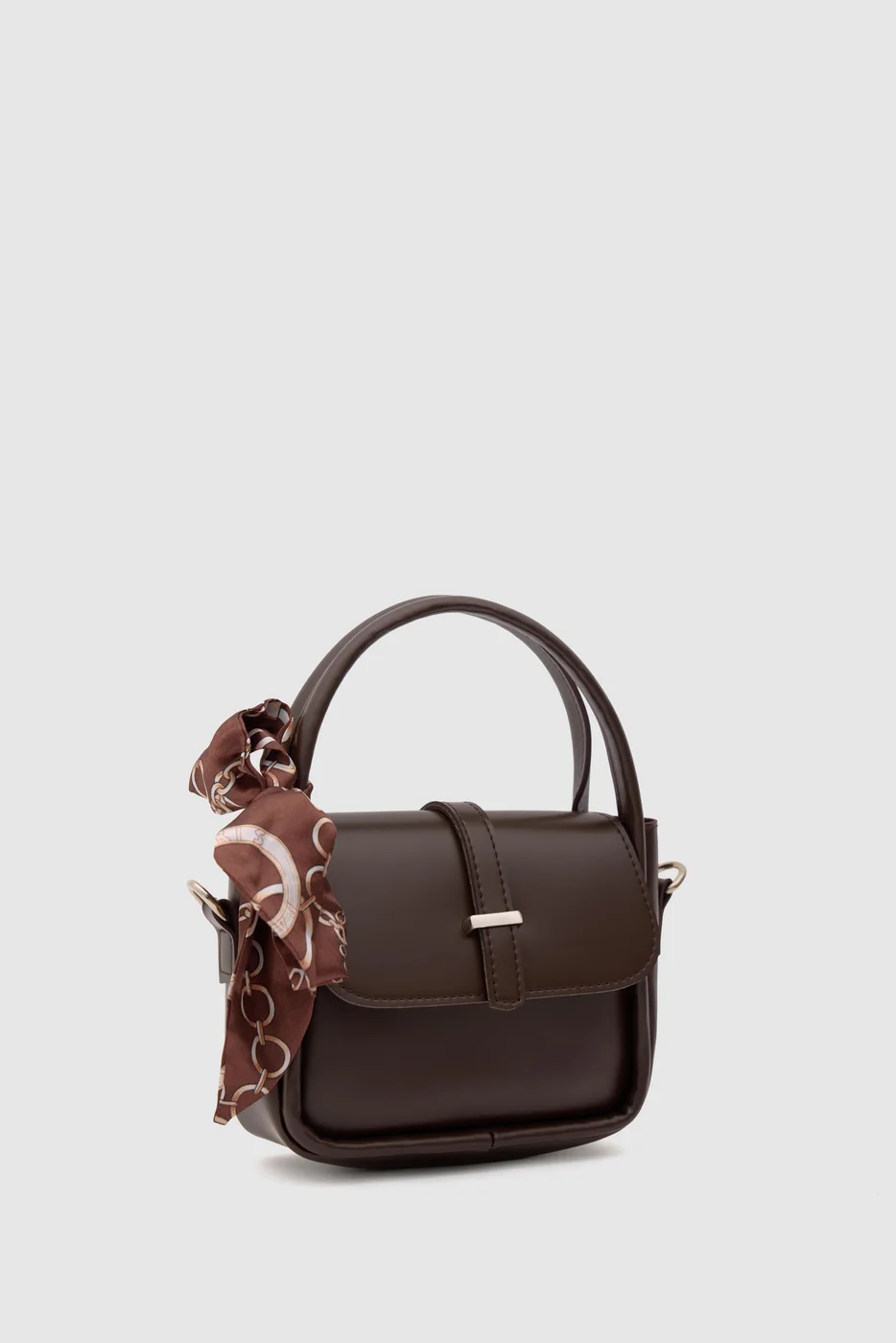 Faux leather crossbody bag with scarf detail in dark brown