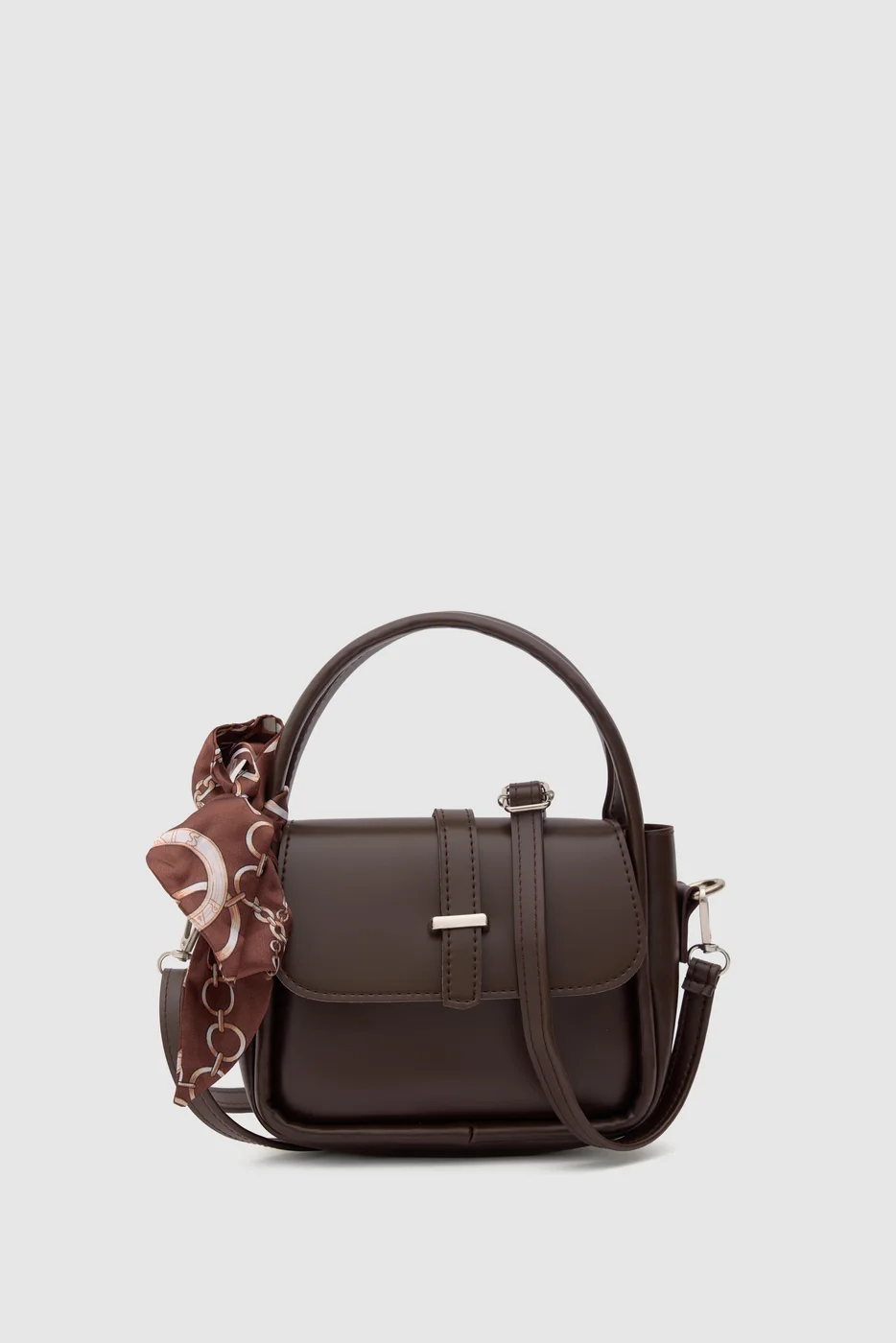 Faux leather crossbody bag with scarf detail in dark brown