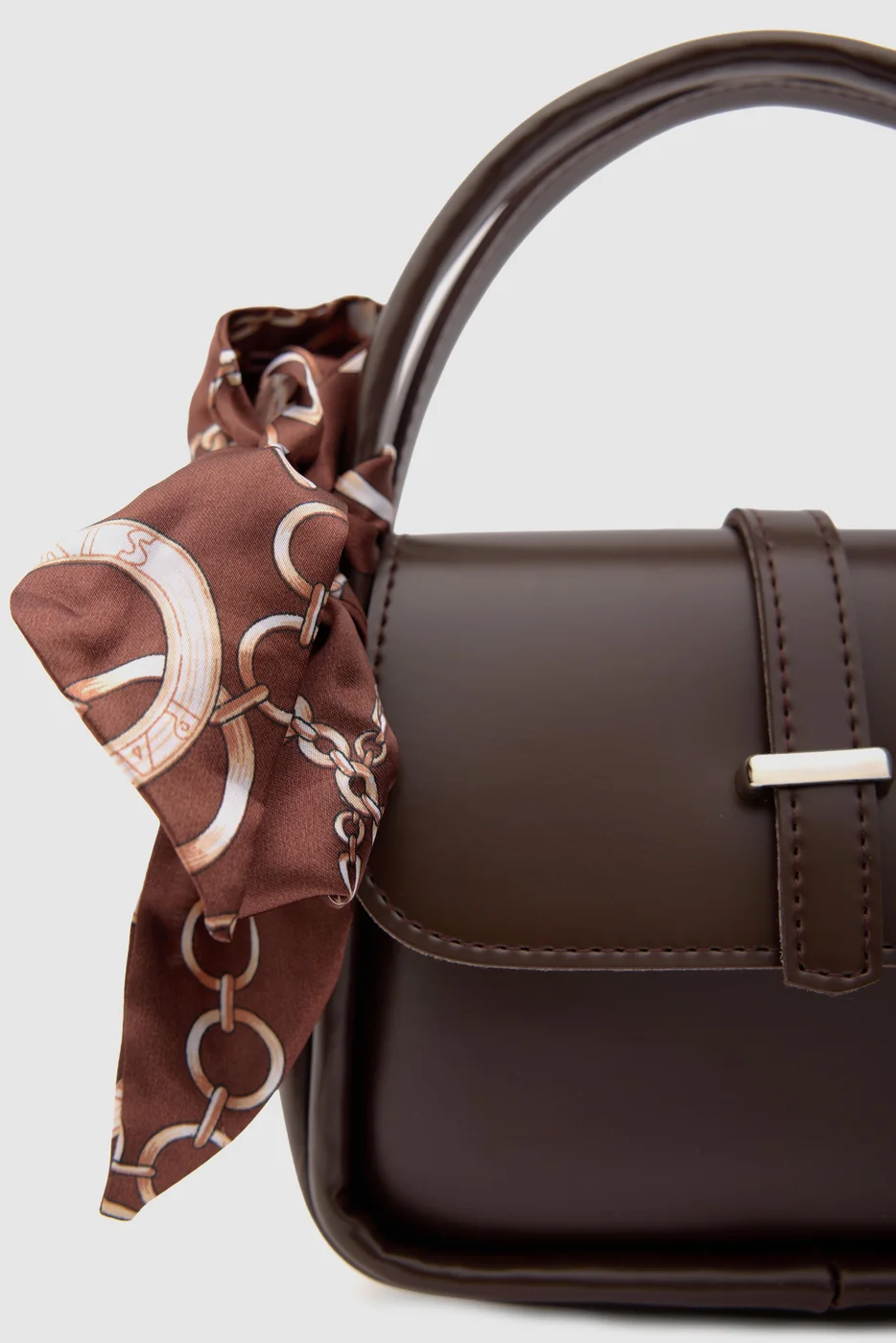 Faux leather crossbody bag with scarf detail in dark brown
