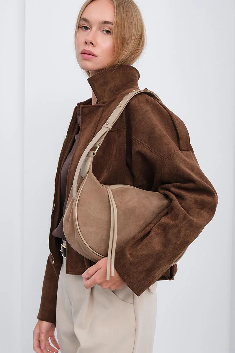 faux suede shoulder bag in taupe