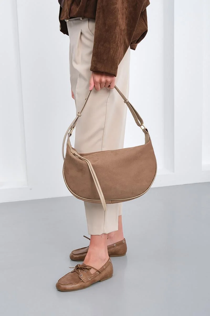faux suede shoulder bag in taupe
