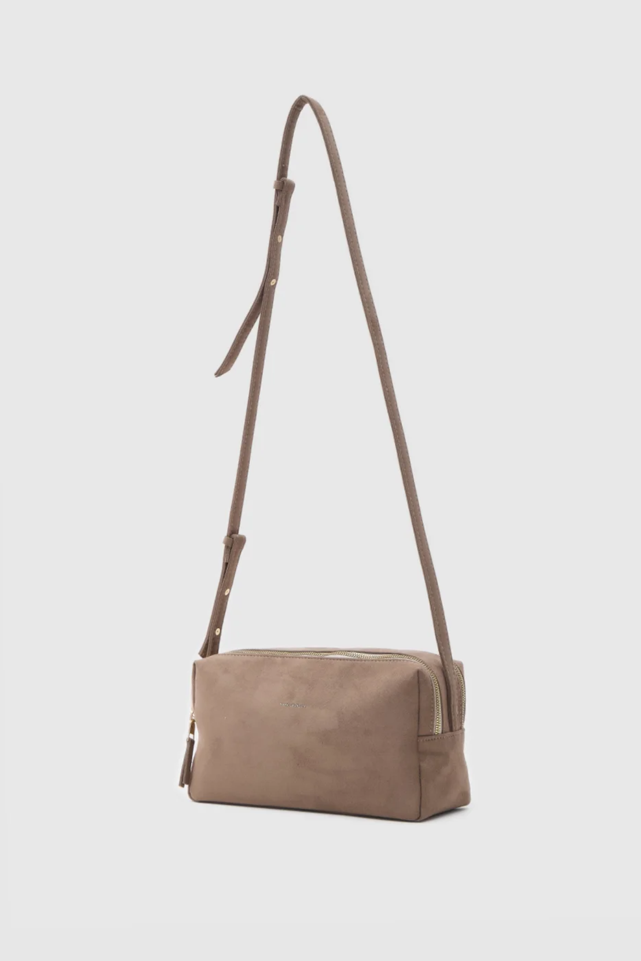 faux suede shoulder bag in taupe