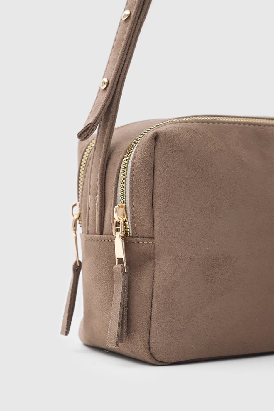 faux suede shoulder bag in taupe