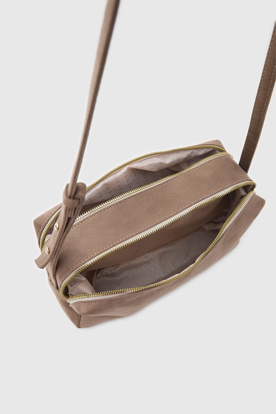 faux suede shoulder bag in taupe