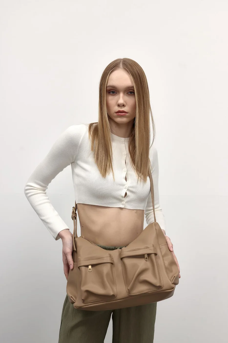 faux leather shoulder bag in taupe