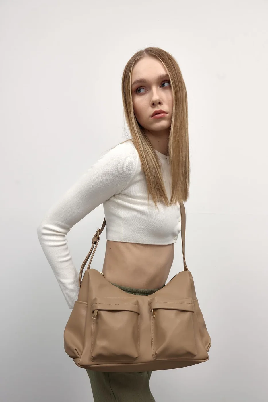 faux leather shoulder bag faux leather shoulder bag in taupe