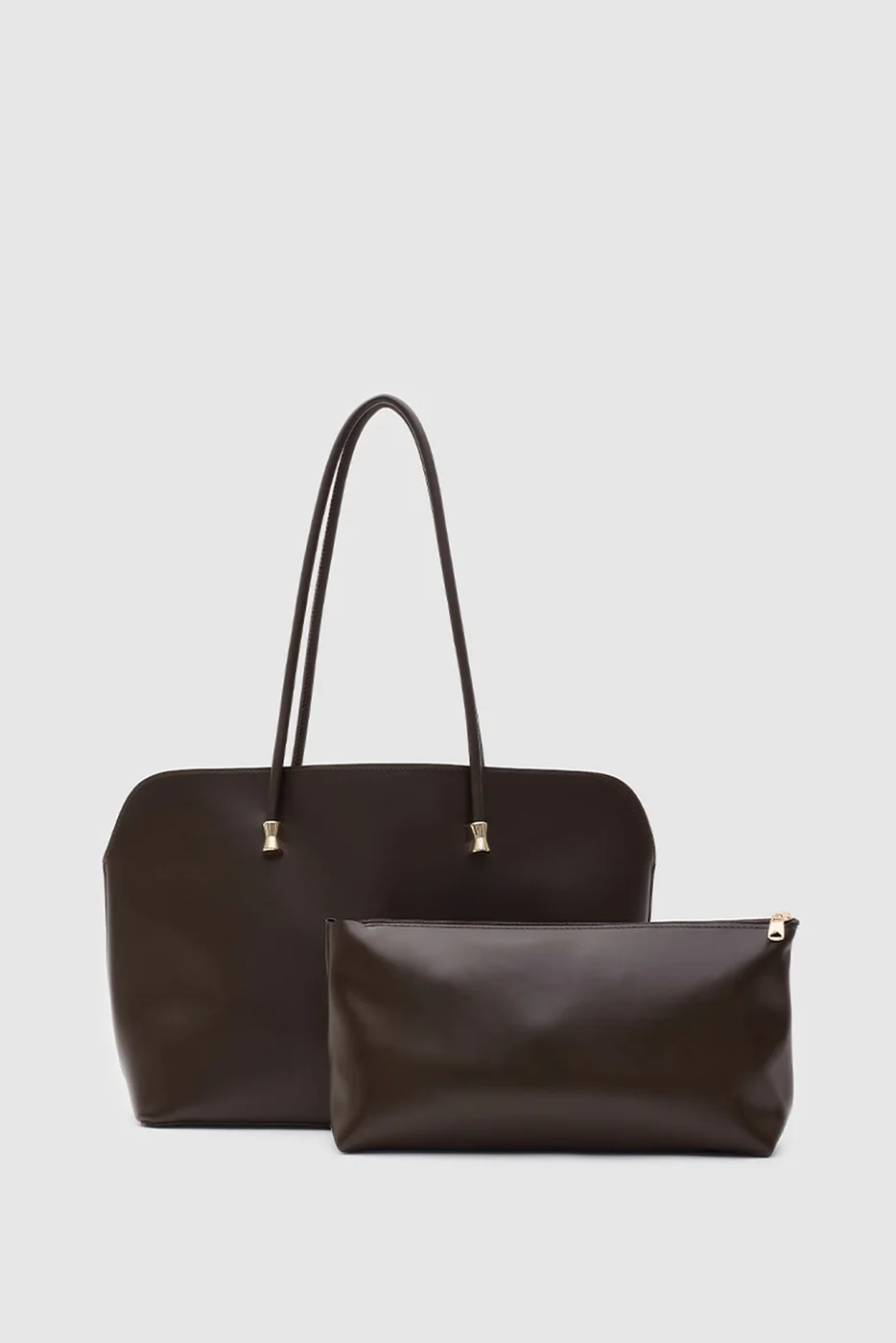 faux leather shoulder bag with makeup pouch in brown