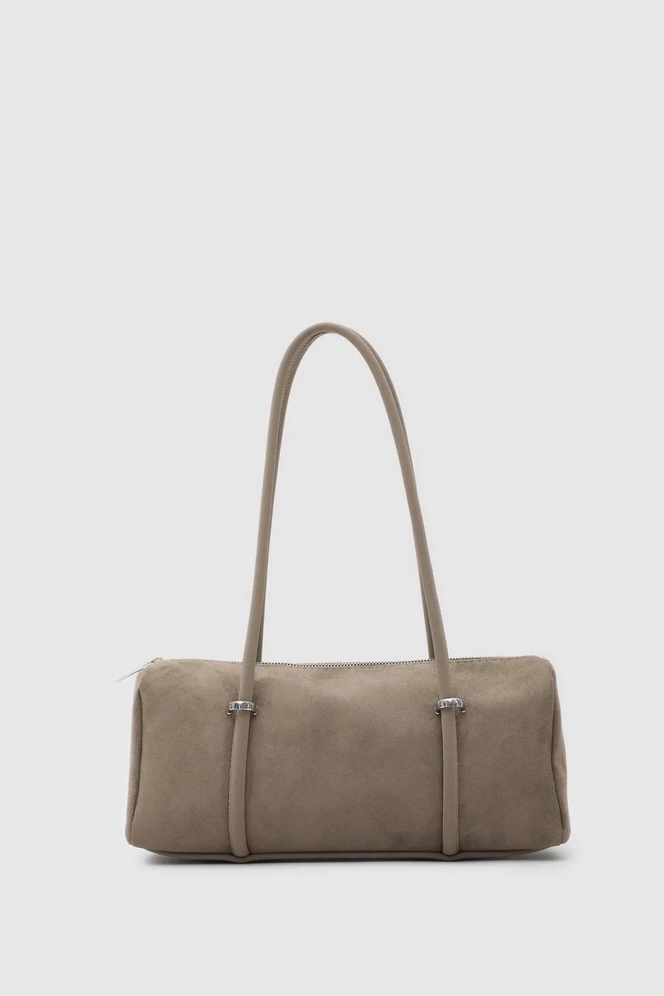 faux suede baguette bag in taupe