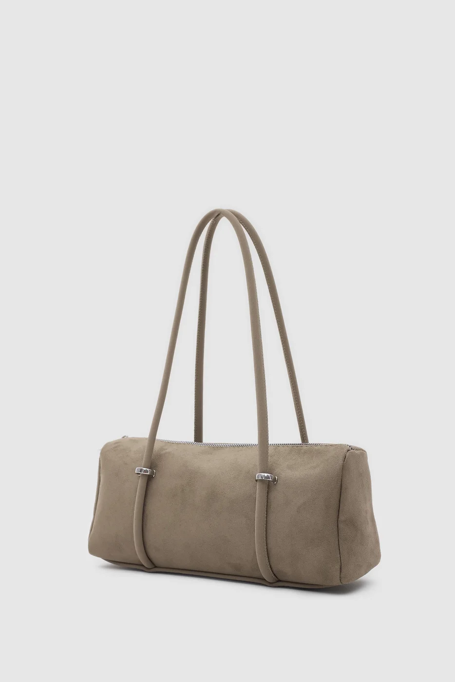 faux suede baguette bag in taupe