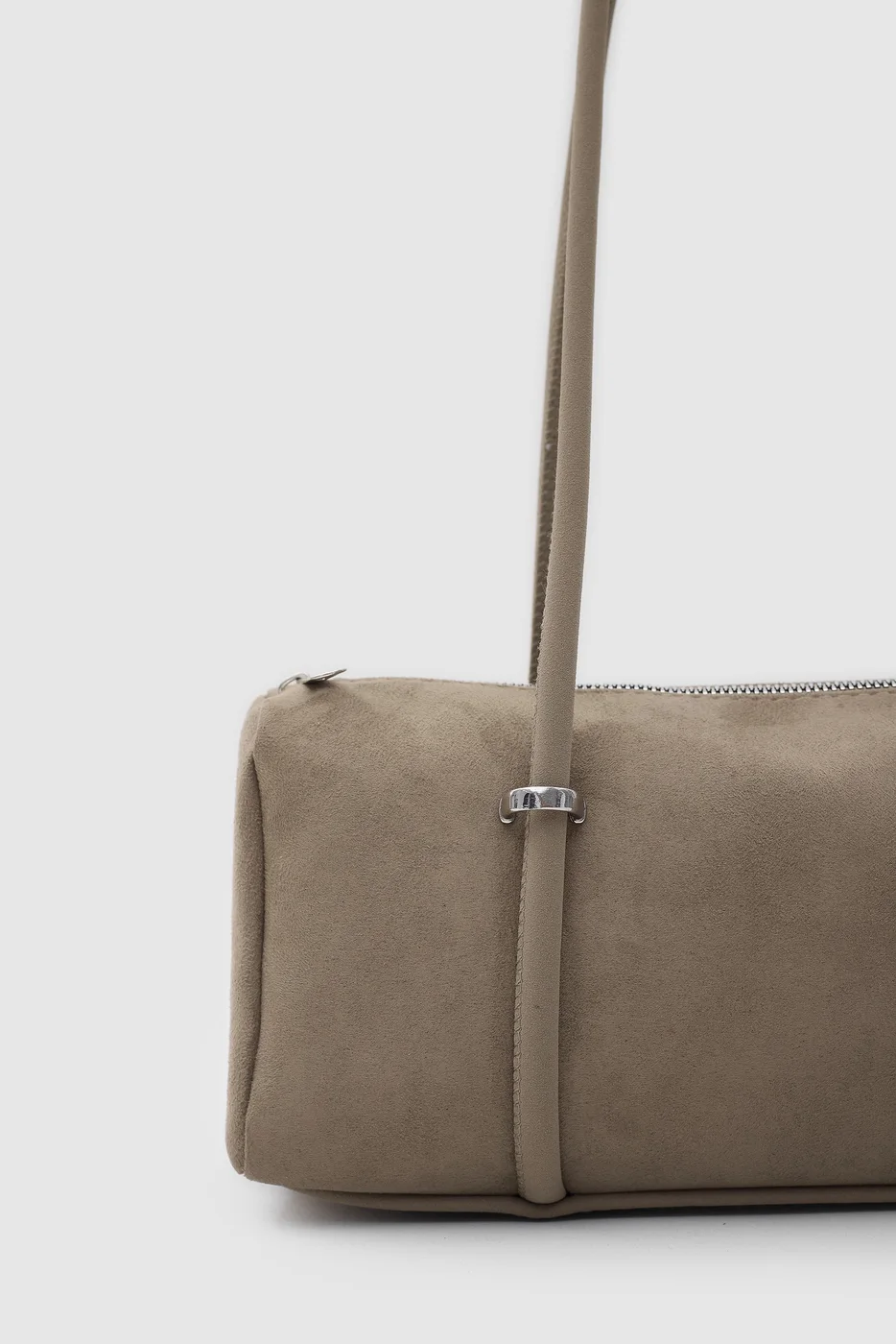 faux suede baguette bag in taupe