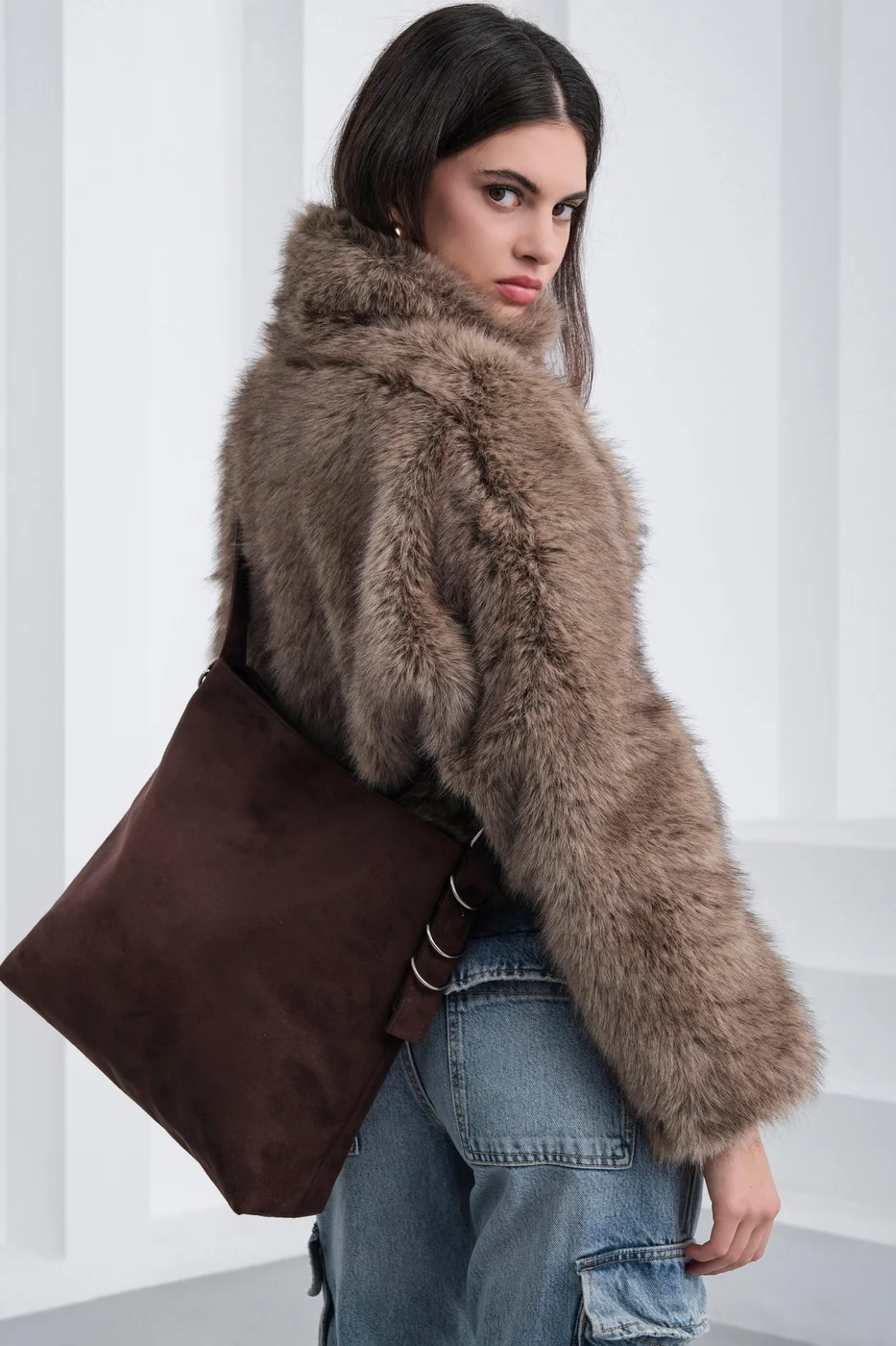 faux suede shoulder bag faux suede shoulder bag in brown