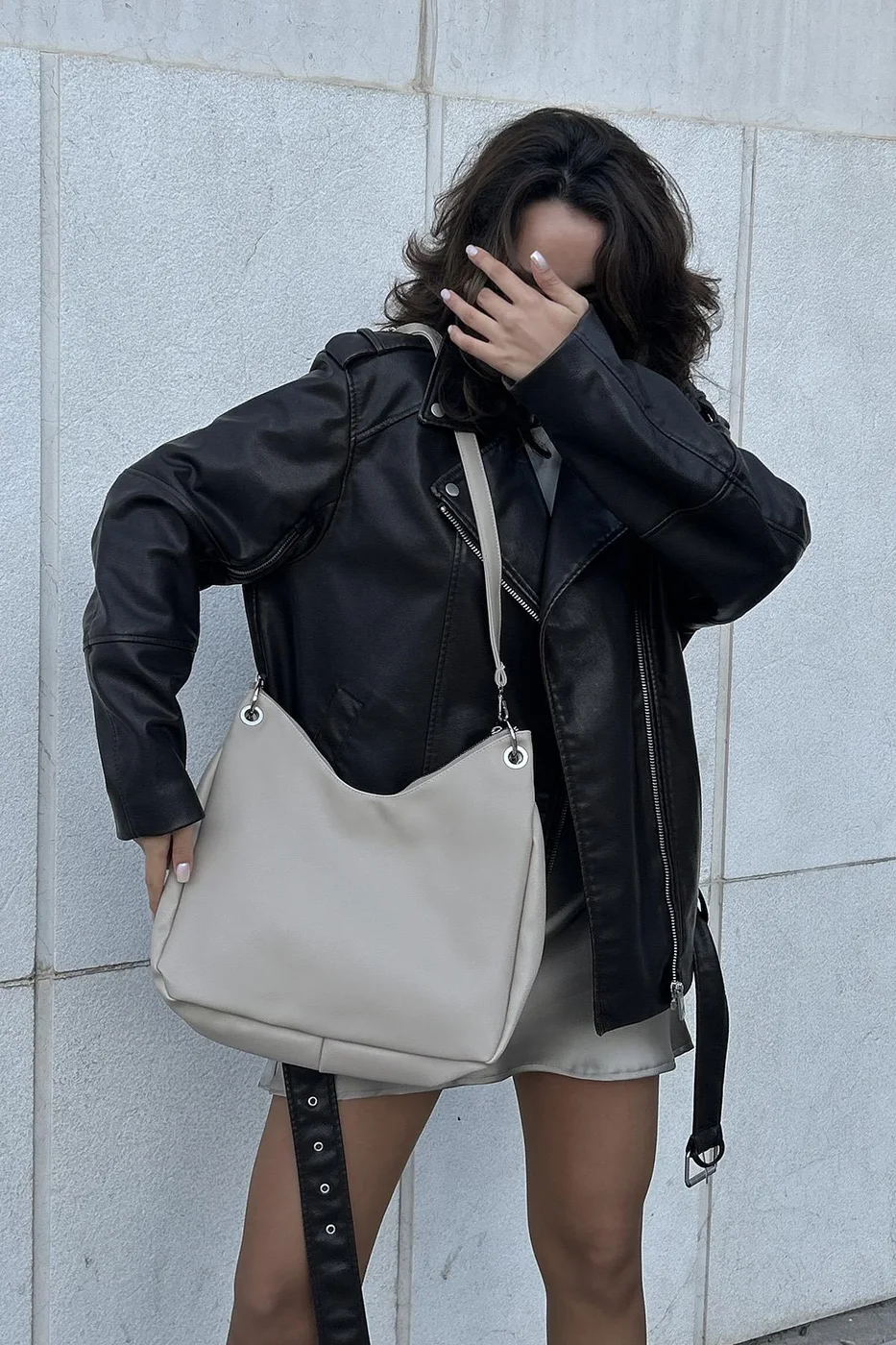 faux leather shoulder bag in beige