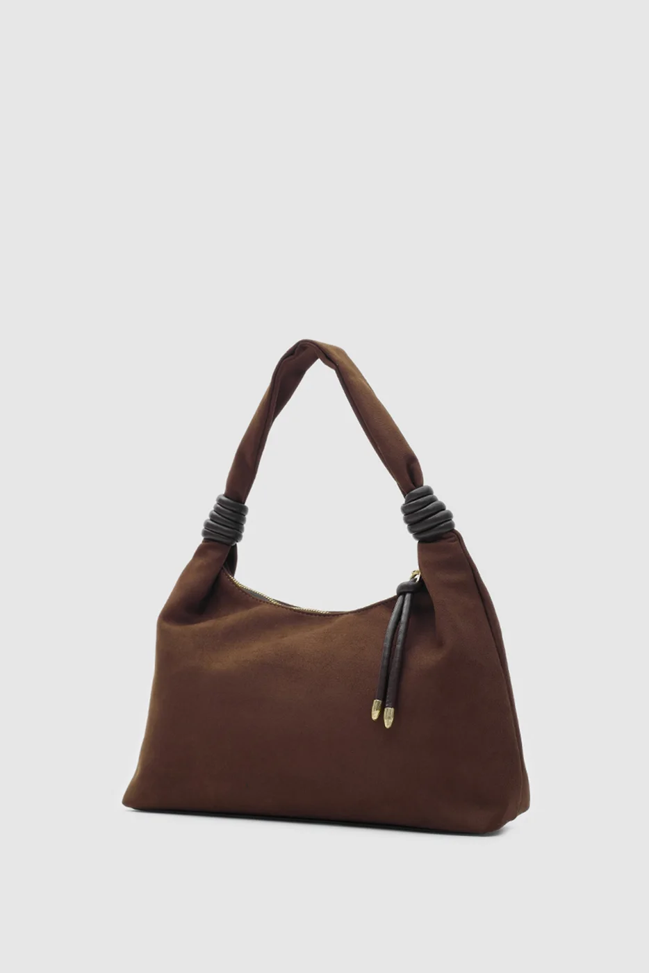 faux suede shoulder bag in dark brown