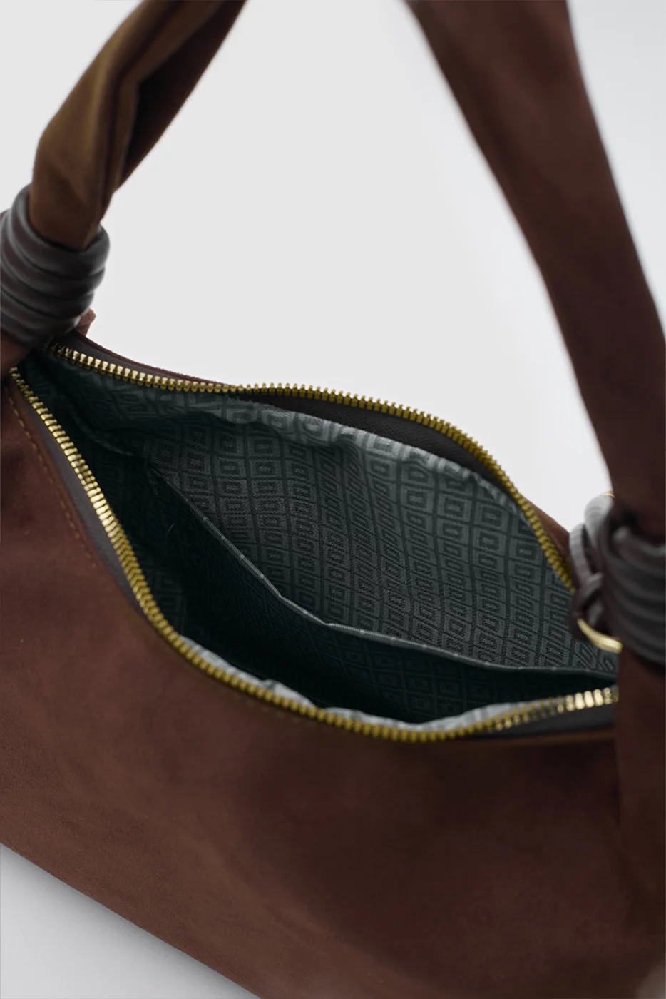 faux suede shoulder bag in dark brown