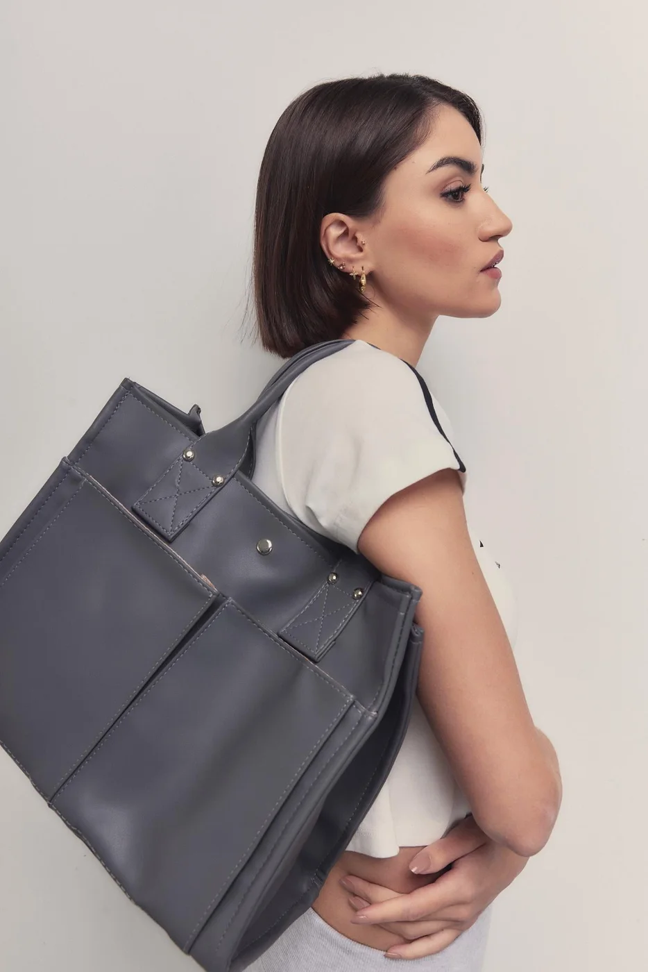 faux leather shoulder bag in charcoal