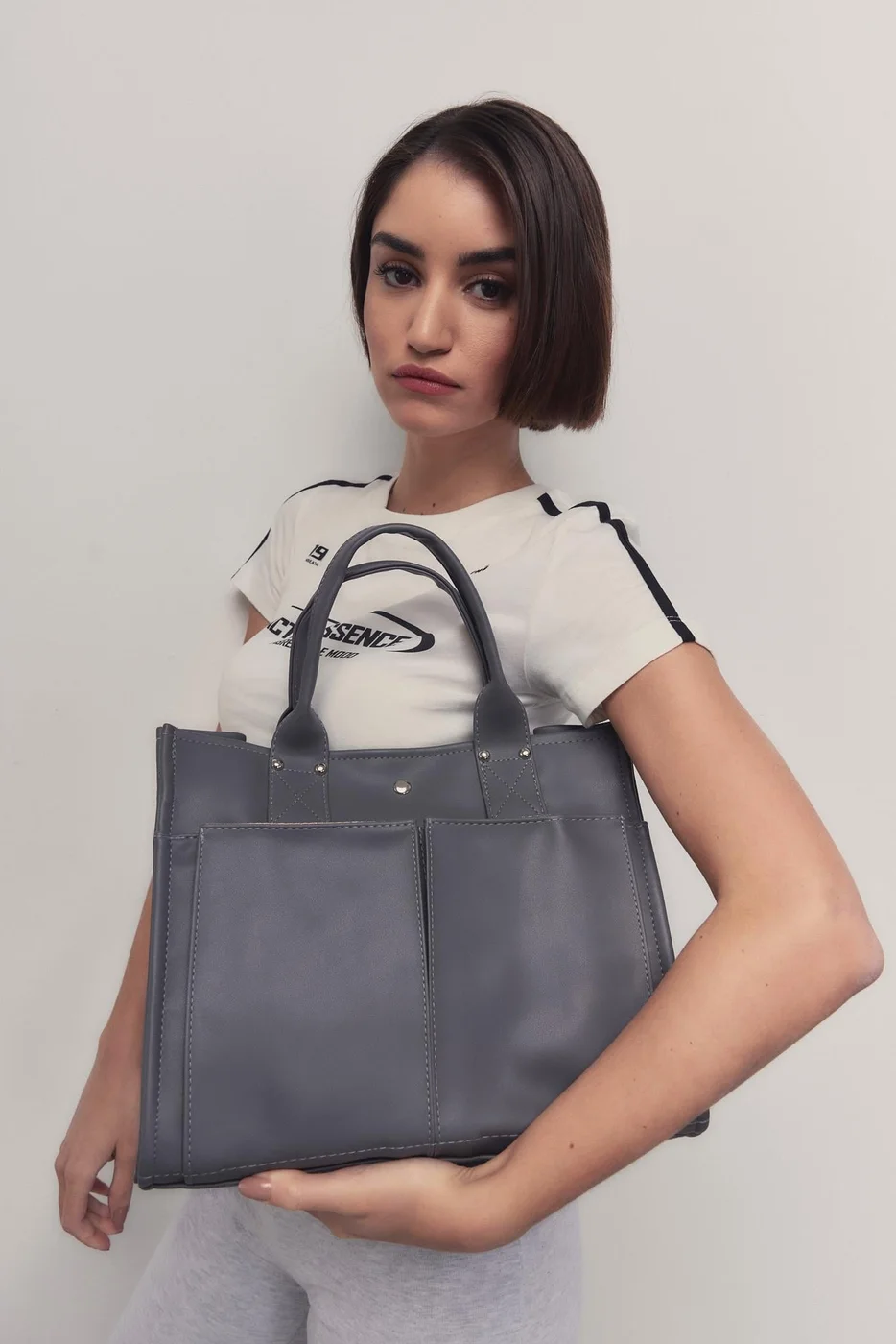 faux leather shoulder bag in charcoal