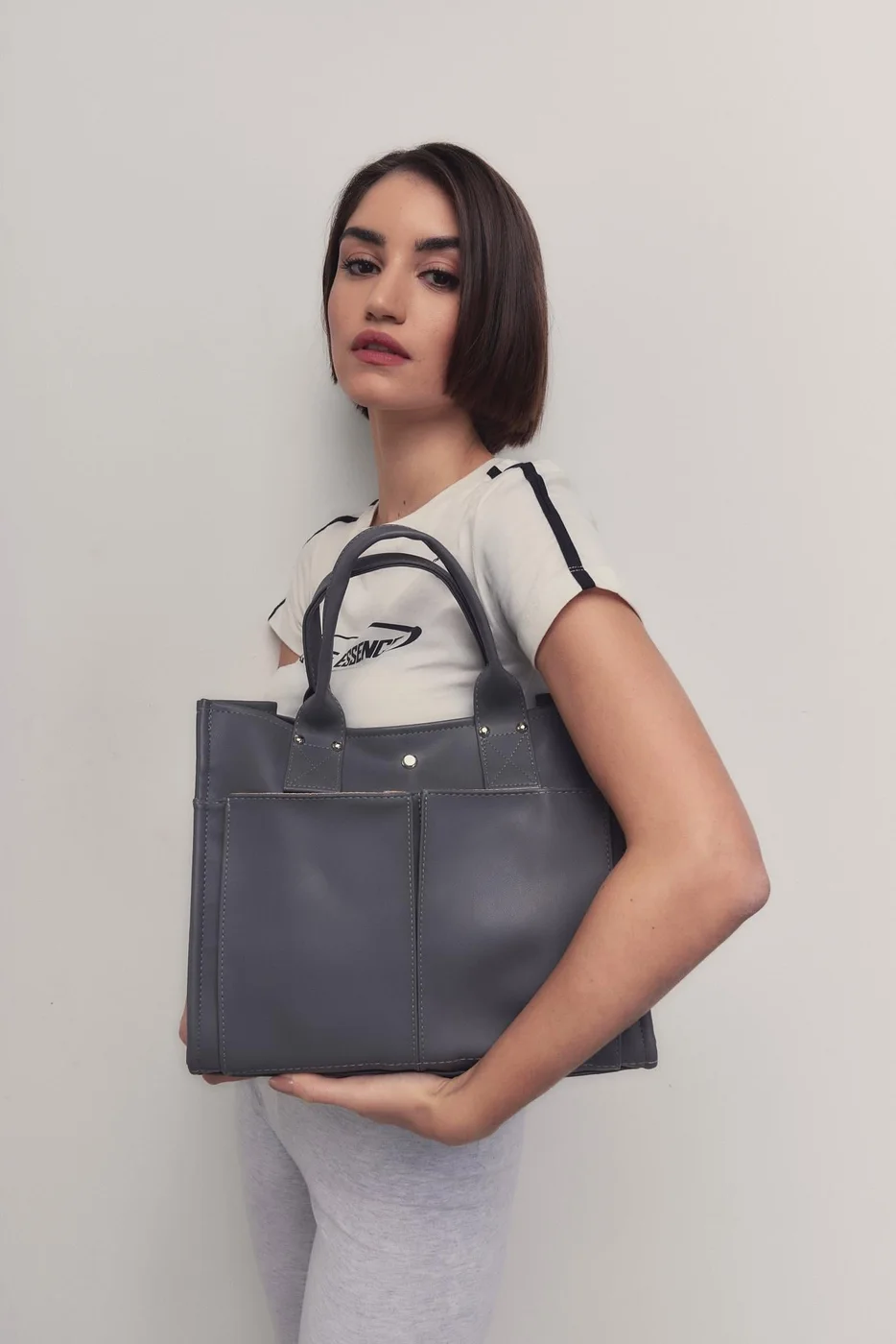 faux leather shoulder bag in charcoal